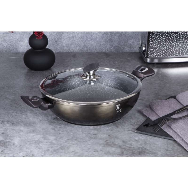 BERLINGERHAUS Wok pánev s poklicí s mramorovým povrchem 30 cm Shiny Black Edition