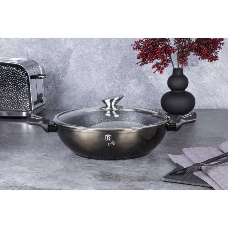 BERLINGERHAUS Wok pánev s poklicí s mramorovým povrchem 30 cm Shiny Black Edition