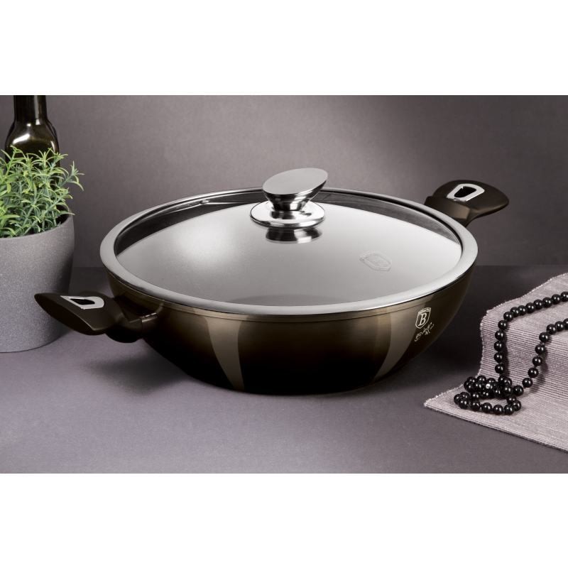 BERLINGERHAUS Wok pánev s poklicí s mramorovým povrchem 30 cm Shiny Black Edition