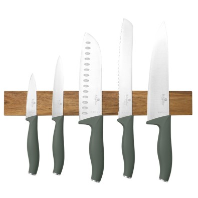 Sada nožů s magnetickým držákem z akátového dřeva 6 ks Matte Green Collection